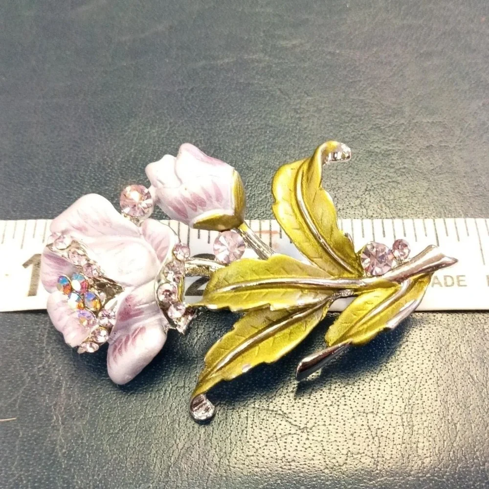 Pink, Green  And Gold Floral Brooch With Rhinestone Acccents